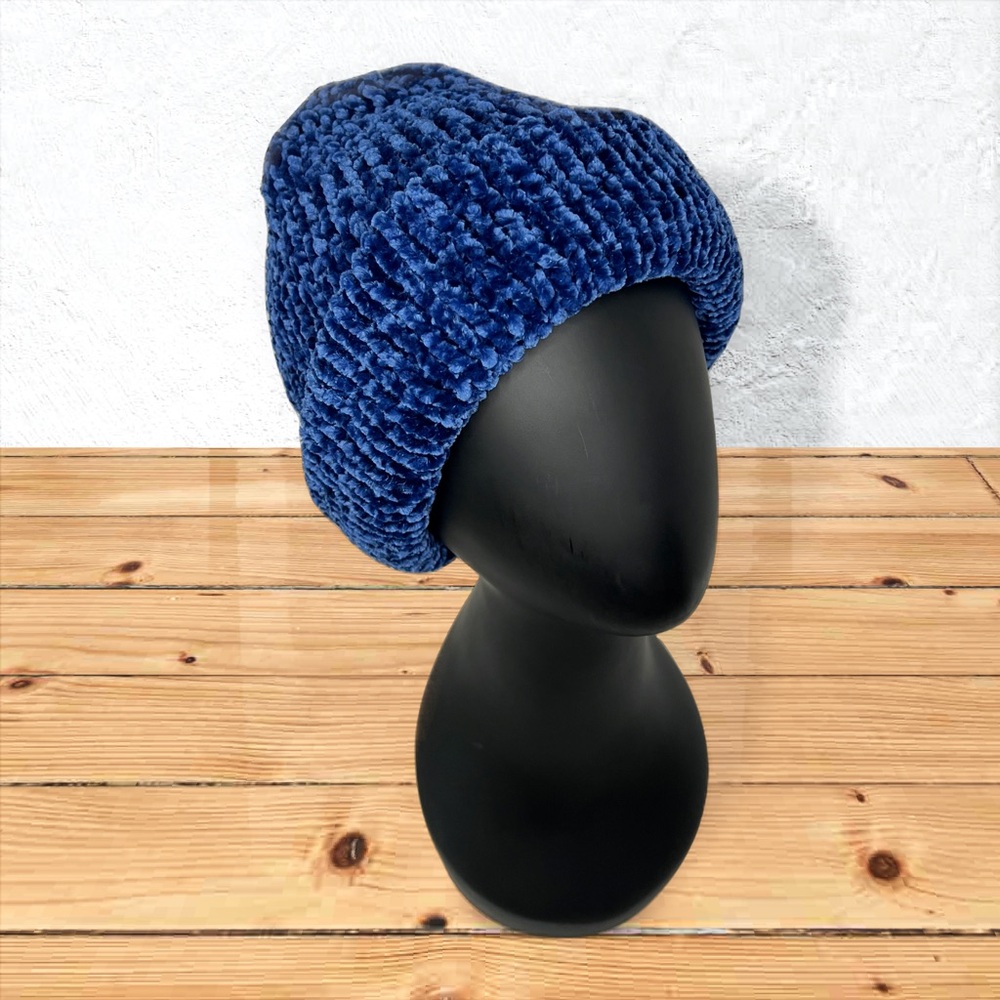 Handmade Super Soft Velvet Knit Beanie Handcrafted Hat Navy - Picture 3 of 11